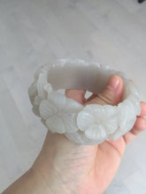 Load image into Gallery viewer, 60mm 100% natural white gray carved Peony and flowers Quartzite (Shetaicui jade) bangle SY109
