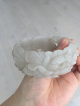 Load image into Gallery viewer, 60mm 100% natural white gray carved Peony and flowers Quartzite (Shetaicui jade) bangle SY109
