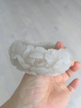 Load image into Gallery viewer, 60mm 100% natural white gray carved Peony and flowers Quartzite (Shetaicui jade) bangle SY109
