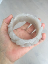 Load image into Gallery viewer, 60mm 100% natural white gray carved Peony and flowers Quartzite (Shetaicui jade) bangle SY109
