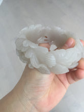 Load image into Gallery viewer, 60mm 100% natural white gray carved Peony and flowers Quartzite (Shetaicui jade) bangle SY109
