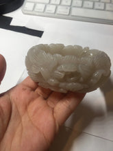 Load image into Gallery viewer, 60mm 100% natural white gray carved Peony and flowers Quartzite (Shetaicui jade) bangle SY109
