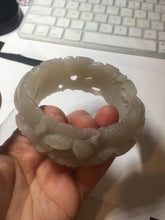 Load image into Gallery viewer, 60mm 100% natural white gray carved Peony and flowers Quartzite (Shetaicui jade) bangle SY109
