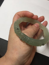 Load image into Gallery viewer, 57mm 100% natural icy watery light green carved nine-tailed fox Xiu Jade (Serpentine) bangle SY106
