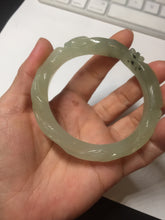 Load image into Gallery viewer, 57mm 100% natural icy watery light green carved nine-tailed fox Xiu Jade (Serpentine) bangle SY106
