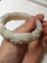 Load image into Gallery viewer, 53mm 100% natural light beige white Quartzite (Shetaicui jade) carved Magpie and plum blossom bangle SY107
