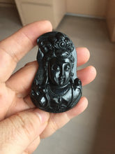 Load image into Gallery viewer, 100% Natural dark green/black jadeite jade(Mocui, 墨翠) GuanYin(观音) Pendant/handhold worry stone BL130
