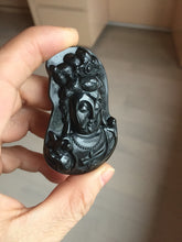 Load image into Gallery viewer, 100% Natural dark green/black jadeite jade(Mocui, 墨翠) GuanYin(观音) Pendant/handhold worry stone BL130
