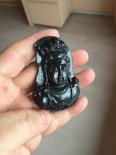 Load image into Gallery viewer, 100% Natural dark green/black jadeite jade(Mocui, 墨翠) GuanYin(观音) Pendant/handhold worry stone BL130
