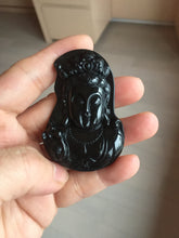 Load image into Gallery viewer, 100% Natural dark green/black jadeite jade(Mocui, 墨翠) GuanYin(观音) Pendant/handhold worry stone BL130
