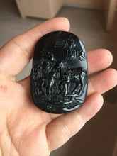 Load image into Gallery viewer, 100% Natural dark green/black jadeite jade(Mocui, 墨翠) three sheep Pendant/handhold worry stone BL129
