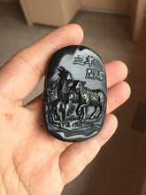 Load image into Gallery viewer, 100% Natural dark green/black jadeite jade(Mocui, 墨翠) three sheep Pendant/handhold worry stone BL129
