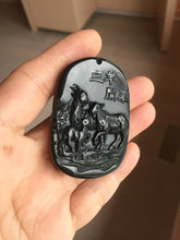 Load image into Gallery viewer, 100% Natural dark green/black jadeite jade(Mocui, 墨翠) three sheep Pendant/handhold worry stone BL129
