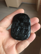 Load image into Gallery viewer, 100% Natural dark green/black jadeite jade(Mocui, 墨翠) three sheep Pendant/handhold worry stone BL129
