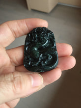 Load image into Gallery viewer, 100% Natural clear dark green/black jadeite jade(Mocui, 墨翠) dragon Pendant/handhold worry stone BL128
