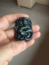 Load image into Gallery viewer, 100% Natural clear dark green/black jadeite jade(Mocui, 墨翠) dragon Pendant/handhold worry stone BL128
