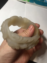 Load image into Gallery viewer, 54mm 100% natural light yellow/beige/gray 3D carved lotus and kissing love birds Quartzite (Shetaicui jade) jade bangle SY69
