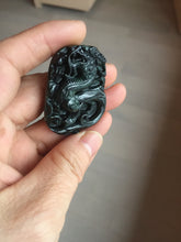 Load image into Gallery viewer, 100% Natural clear dark green/black jadeite jade(Mocui, 墨翠) dragon Pendant/handhold worry stone BL128
