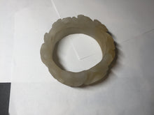 Load image into Gallery viewer, 54mm 100% natural light yellow/beige/gray 3D carved lotus and kissing love birds Quartzite (Shetaicui jade) jade bangle SY69
