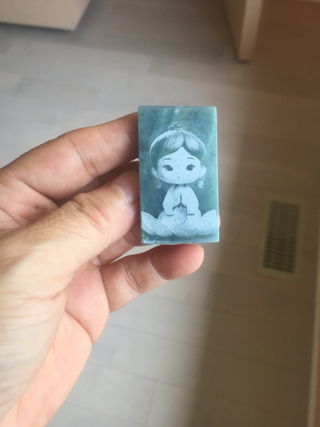 100% Natural type A green/blue/gray Guatemala jadeite shadow carving little girl safe and sound pendant necklace/worry stone PC121