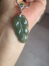 Load image into Gallery viewer, Certified type A 100% Natural icy watery dark green gray Jadeite Jade leaf pendant X137-4762
