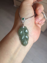 Load image into Gallery viewer, Certified type A 100% Natural icy watery dark green gray Jadeite Jade leaf pendant X137-4762
