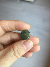 Load image into Gallery viewer, 14.4mm Type A 100% Natural icy watery dark green gray (老油青) with dark green/black flying flowers dainty Jadeite Jade Safety Guardian Button donuts pendant PA163
