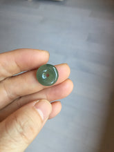 Load image into Gallery viewer, 13.8mm Type A 100% Natural icy watery dark green gray (老油青) with dark green/black flying flowers dainty Jadeite Jade Safety Guardian Button donuts pendant PA161
