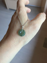 Load image into Gallery viewer, 12.7mm Type A 100% Natural icy watery dark green gray (老油青) with dark green/black flying flowers dainty Jadeite Jade Safety Guardian Button donuts pendant PA160
