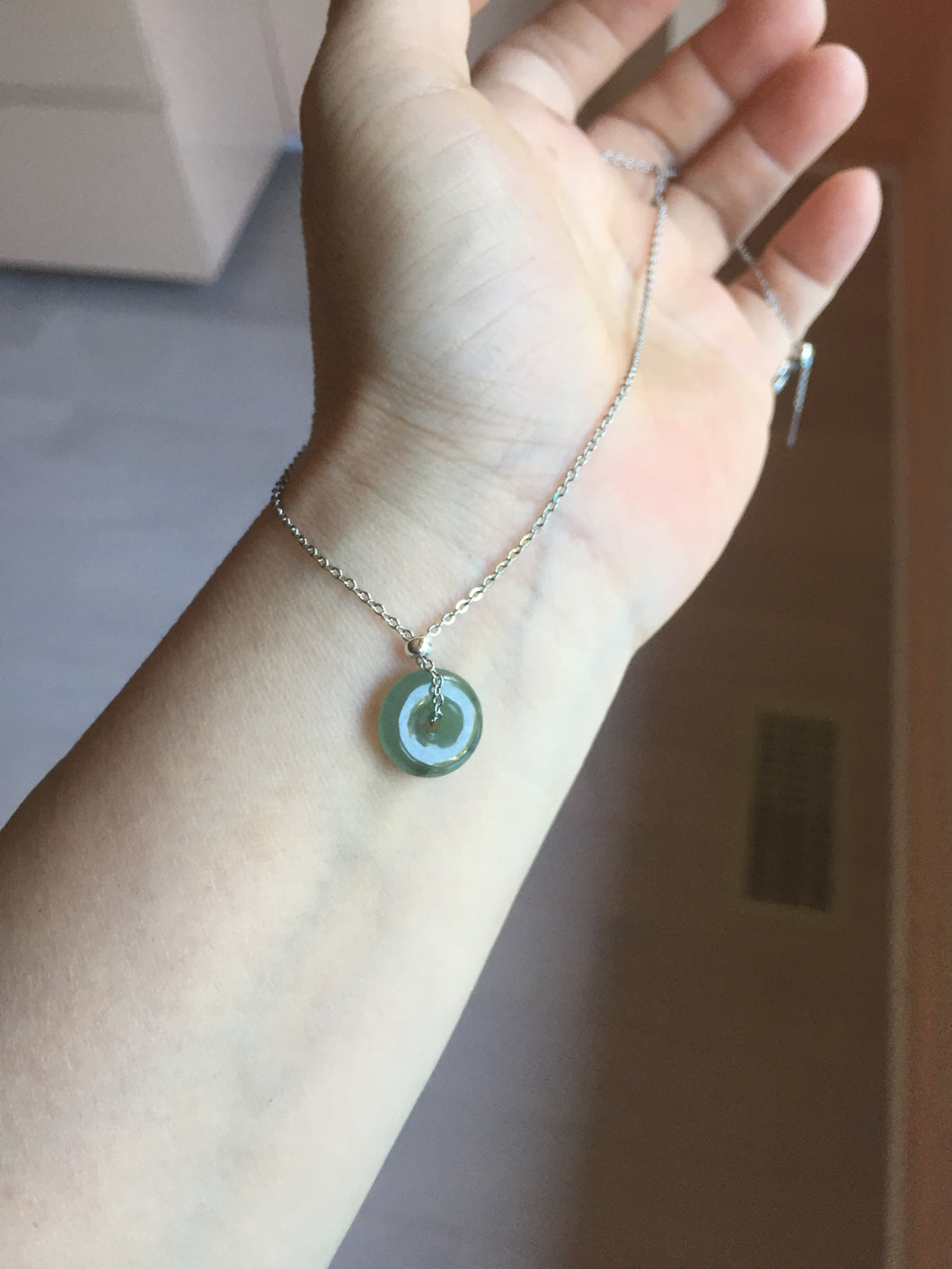 12.7mm Type A 100% Natural icy watery dark green gray (老油青) with dark green/black flying flowers dainty Jadeite Jade Safety Guardian Button donuts pendant PA160