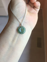 Load image into Gallery viewer, 13.8mm Type A 100% Natural icy watery dark green gray (老油青) with dark green/black flying flowers dainty Jadeite Jade Safety Guardian Button donuts pendant PA161

