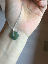 Load image into Gallery viewer, 13.8mm Type A 100% Natural icy watery dark green gray (老油青) with dark green/black flying flowers dainty Jadeite Jade Safety Guardian Button donuts pendant PA161
