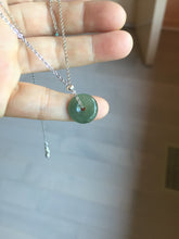 Load image into Gallery viewer, 13.8mm Type A 100% Natural icy watery dark green gray (老油青) with dark green/black flying flowers dainty Jadeite Jade Safety Guardian Button donuts pendant PA161
