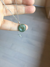 Load image into Gallery viewer, 13.8mm Type A 100% Natural icy watery dark green gray (老油青) with dark green/black flying flowers dainty Jadeite Jade Safety Guardian Button donuts pendant PA161
