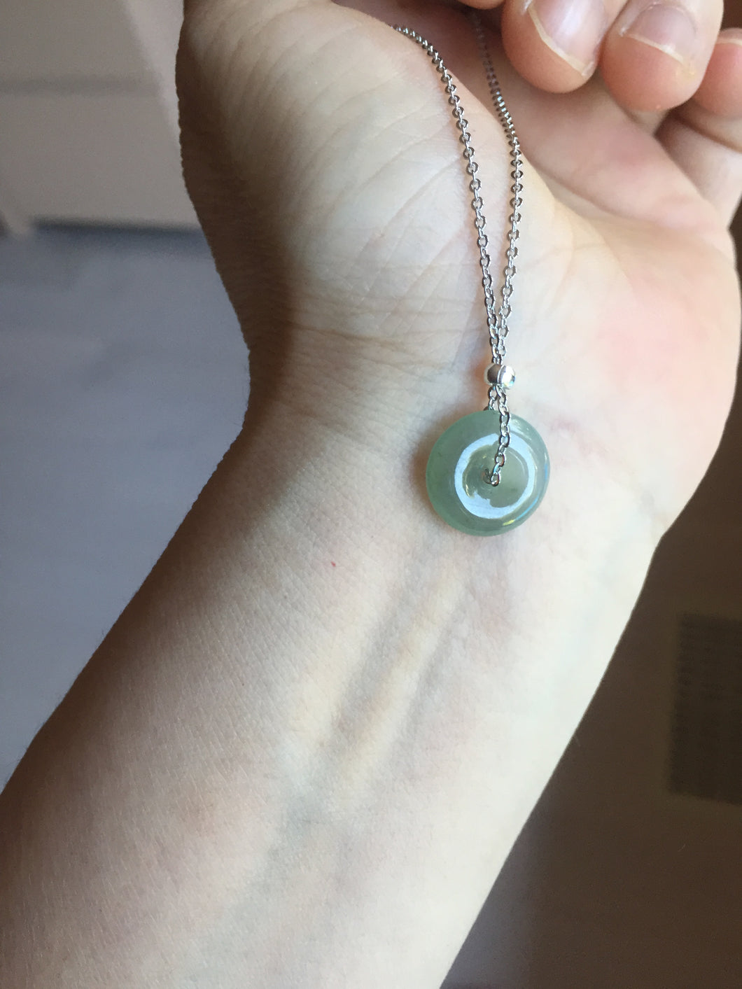 12.9mm Type A 100% Natural icy watery dark green gray (淡油青) dainty Jadeite Jade Safety Guardian Button donuts pendant PA159