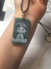 Load image into Gallery viewer, 100% Natural type A green/blue/gray Guatemala jadeite shadow carving little girl safe and sound pendant necklace/worry stone PC121
