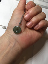 Load image into Gallery viewer, 12.7mm Type A 100% Natural icy watery dark green gray (老油青) with dark green/black flying flowers dainty Jadeite Jade Safety Guardian Button donuts pendant PA160
