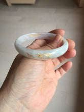 Load image into Gallery viewer, 56mm 100% Natural type A light green purple white carved flowers and golden-painted Jadeite Jade bangle PB227-0274
