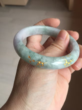 Load image into Gallery viewer, 55.5mm 100% Natural type A green purple carved plum blossom and golden-painted Jadeite Jade bangle PB226-0257
