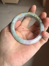 Load image into Gallery viewer, 55.5mm 100% Natural type A green purple carved plum blossom and golden-painted Jadeite Jade bangle PB226-0257
