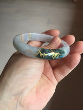 Load image into Gallery viewer, 53.6mm 100% Natural type A dark green purple white carved flowers and golden-painted Jadeite Jade bangle PD92-0263
