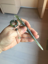 Load image into Gallery viewer, 13.5cm 100% Natural light green black gray carved bamboo Xiu Jade Serpentine hairpin AW32
