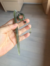 Load image into Gallery viewer, 13.5cm 100% Natural light green black gray carved bamboo Xiu Jade Serpentine hairpin AW32
