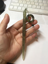 Load image into Gallery viewer, 13.5cm 100% Natural light green black gray carved bamboo Xiu Jade Serpentine hairpin AW32
