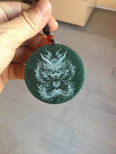 Load image into Gallery viewer, 48.7mm 100% Natural dark green/black/gray Guatemala jadeite intaglio dragon Pendant/handhold worry stone PD193
