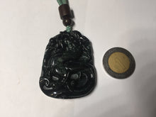 Load image into Gallery viewer, 100% Natural clear dark green/black jadeite jade(Mocui, 墨翠) dragon Pendant/handhold worry stone BL128
