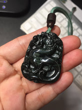 Load image into Gallery viewer, 100% Natural clear dark green/black jadeite jade(Mocui, 墨翠) dragon Pendant/handhold worry stone BL128
