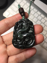 Load image into Gallery viewer, 100% Natural clear dark green/black jadeite jade(Mocui, 墨翠) dragon Pendant/handhold worry stone BL128
