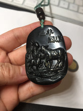 Load image into Gallery viewer, 100% Natural dark green/black jadeite jade(Mocui, 墨翠) three sheep Pendant/handhold worry stone BL129
