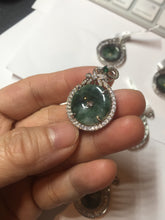 Load image into Gallery viewer, Type A 100% Natural dark green with green floating flowers Jadeite Jade Safety Guardian Button donuts Pendant group X138
